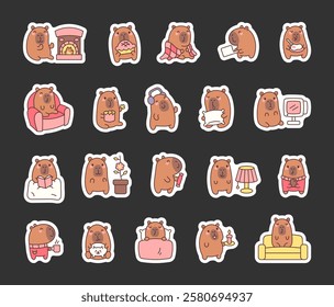 Capybara domestic life set with cozy moments of relaxing, reading, eating, drinking, and enjoying everyday activities in a cute kawaii cartoon style with charming emotions