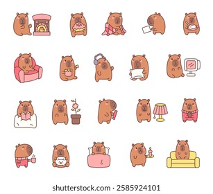 Capybara domestic life set with cozy moments of relaxing, reading, eating, drinking, and enjoying everyday activities in a cute kawaii cartoon style with charming emotions