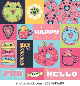 Capybara e donuts gato padrão sem emenda no estilo patch com frases de letras Olá, divertido, feliz. Capy Birthday Padrão sem emenda, vetor, xícara de chá, doces, pata de gato, coração. Unicórnio gato. Design de malha