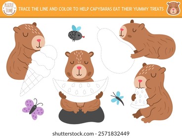 Capybara drawing, writing, tracing and coloring activity for kids with cute animals eating ice-cream, watermelon, pear. Capibara preschool printable activity, game, handwriting practice puzzle