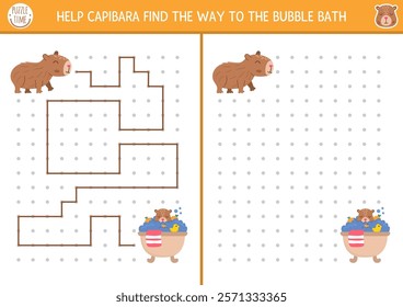 Capybara drawing, writing, tracing, space orientation activity for kids. Draw lines in box according example. Preschool printable game, puzzle with cute animal. Help capibara get to babbly bath