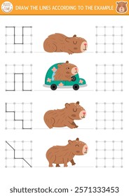 Capybara drawing, writing, tracing, space orientation activity for kids with cute animals. Draw the lines in square box according the example. Preschool printable game, puzzle with capibaras