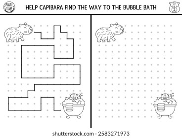 Capybara drawing, writing, tracing, space orientation activity for kids. Draw lines in box according example. Black and white printable game, puzzle, coloring page with animal, bubbly bath