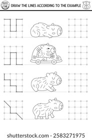 Capybara drawing, writing, tracing, space orientation activity for kids with cute animals. Draw lines in square box. Black and white printable game, puzzle, coloring page with capibaras
