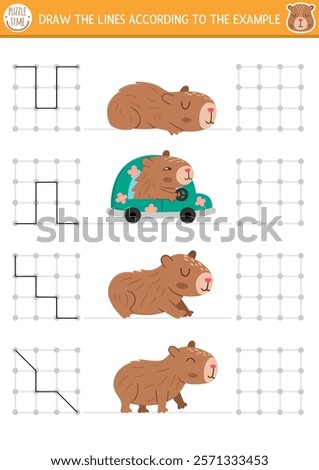 Capybara drawing, writing, tracing, space orientation activity for kids with cute animals. Draw the lines in square box according the example. Preschool printable game, puzzle with capibaras