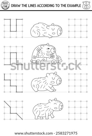 Capybara drawing, writing, tracing, space orientation activity for kids with cute animals. Draw lines in square box. Black and white printable game, puzzle, coloring page with capibaras
