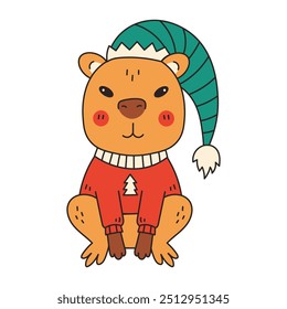 Capybara Dressed as Christmas Elf. Cute exotic animal wearing festive holiday costume. Hand drawn vector illustration