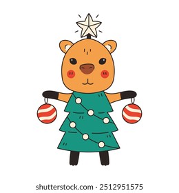 Capybara dressed as Christmas Tree. Cute Funny exotic animal wearing Holiday costume decorated with garland and baubles. Isolated vector illustration