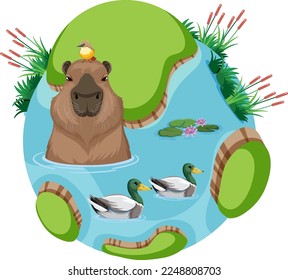 Capybara and duck in planet earth vector illustration