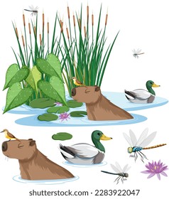 Capybara and duck in the pond illustration