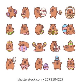 Capybara easter set featuring adorable characters with eggs, baskets, and festive decorations, showing various emotions and cute poses in a charming holiday celebration for yours design projects