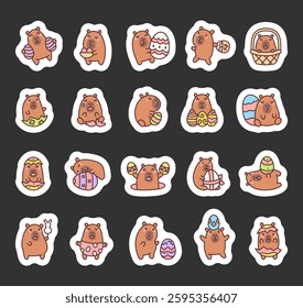 Capybara easter set featuring adorable characters with eggs, baskets, and festive decorations, showing various emotions and cute poses in a charming holiday celebration for yours design projects