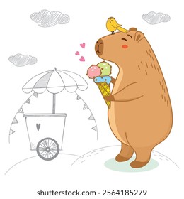 capybara eats ice cream at amusement park