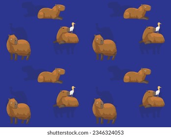 Capybara with Egret Cartoon Seamless Wallpaper Background