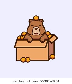 Capybara Enjoying a Box Filled with Ripe Oranges for Whimsical and Cheerful Illustration in a Cute Cartoon Style