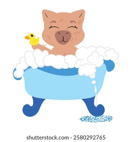 capybara enjoying a bubble bath in a blue bathtub while holding a small yellow rubber duck. Perfect for self-care, relaxation, spa-themed designs, and playful illustrations