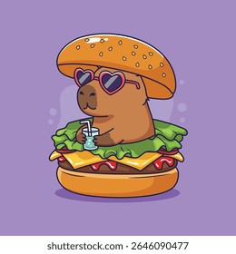 Capybara Desfrutando de um hambúrguer com óculos de sol em forma de coração em um hambúrguer, ilustração vetorial