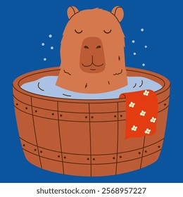 Capybara enjoys bathing in barrel of water. Hand drawn vector illustration