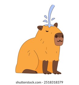 Capybara con los ojos cerrados enfriándose bajo el chorro de agua Ilustración vectorial kawaii plana divertida aislada en blanco.