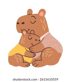 Capybara family hugging hand drawn