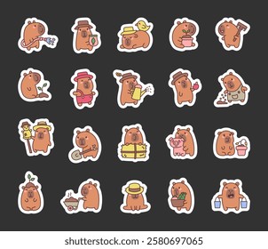 Capybara farm set featuring cute animal characters with gardening tools, plants, vegetables, farming activities, straw hats, emotions, and adorable interactions in a charming countryside setting