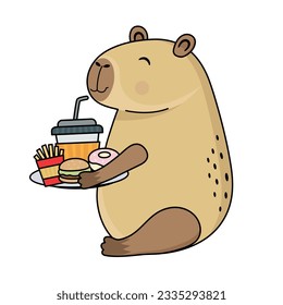 Capybara with fast food, fries, hamburger, donut and drink