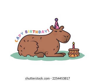 capybara in a festive cap. candle cake. happy birthday card. vector illustration. cute animal. congratulation. colorful letters