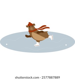 A capybara figure skater in a hat and scarf is skating on a skating rink. The concept of a snow day and winter sports