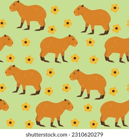 Capybara with flowers seamless pattern. Capybara character cute vector illustration