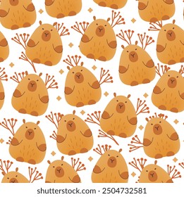 Capybara with flowers seamless pattern on white background. Vector illustration of cute cartoon animals.Kids print in flat style with mesh gradient.Brown colors.