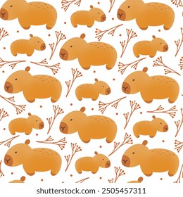 Capybara with flowers seamless pattern on white background. Vector illustration of cute cartoon animals.Kids print in flat style with mesh gradient. Cute character design.