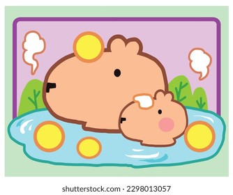 Capybara and friend soak in onsen cute cartoon style.