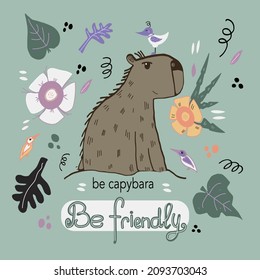 Capybara friendly animal, be friendly tropical flowers, birds, amazon nature 