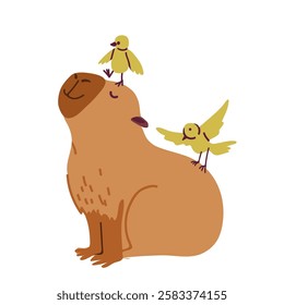 Capybara is friends with a small birds. Hand drawn Vector illustration.