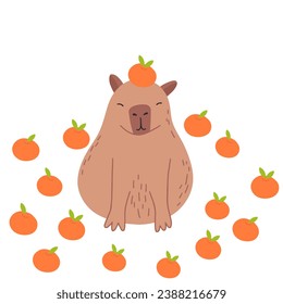 Capybara funny character in flat design. Cute capybara with mandarins vector illustration