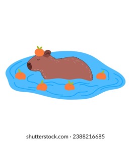 El capibara es un personaje divertido en diseño plano. Natación de capibara en agua con ilustración vectorial de mandarinas