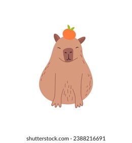 El capibara es un personaje divertido en diseño plano. Capibara de corte con ilustración vectorial de mandarinas