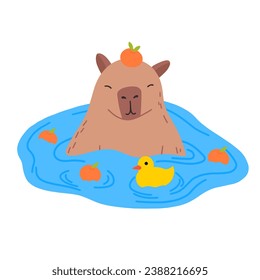 Capybara funny character in flat design. Cute capybara swimming in water with mandarins vector illustration