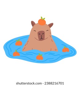 El capibara es un personaje divertido en diseño plano. Natación de capibara en agua con ilustración vectorial de mandarinas