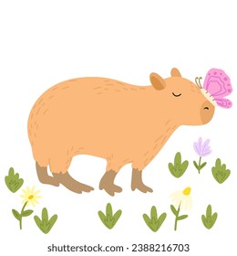 Capybara funny character in flat design. Cute capybara with flowers vector illustration