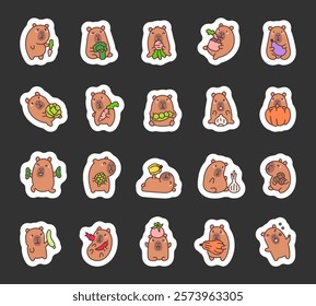 Capybara funny character set with cute kawaii cartoon emotions holding fresh vegetables for creative food illustrations and healthy snack designs for cooking and nutrition ideas