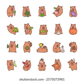 Capybara funny character set with cute kawaii cartoon emotions holding fresh vegetables for creative food illustrations and healthy snack designs for cooking and nutrition ideas