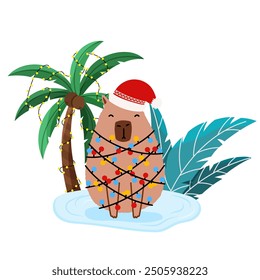 Capybara in garland with Christmas palm in flat style. Vector illustration Capibara for holiday designs of banner, cover, advertisement, greeting card. Concept of Christmas and New Year