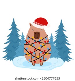 Capybara in garland with Christmas tree in flat style. Vector illustration Capibara for holiday designs of banner, cover, advertisement, greeting card. Concept of Christmas and New Year