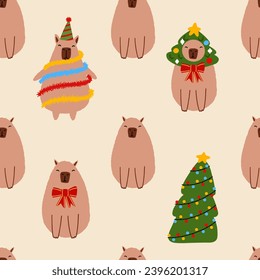 Capybara in a garland with Christmas tree seamless pattern. Cute New Year background for fabric, wrapping paper, textile vector illustration