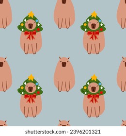 Capybara in a garland with Christmas tree seamless pattern. Cute New Year background for fabric, wrapping paper, textile vector illustration