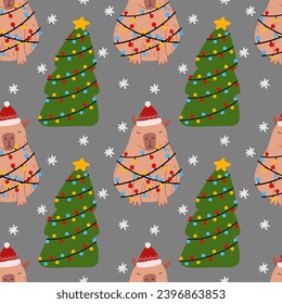 Capybara in a garland with Christmas tree seamless pattern. Cute New Year background for fabric, wrapping paper, textile vector illustration