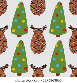 Capybara in a garland with Christmas tree seamless pattern. Cute New Year background for fabric, wrapping paper, textile vector illustration