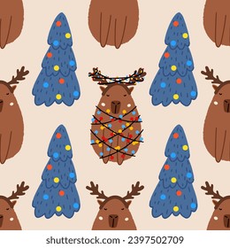 Capybara in a garland with Christmas tree seamless pattern. Cute New Year background for fabric, wrapping paper, textile vector illustration