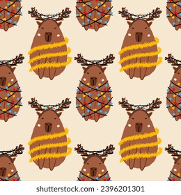 Capybara in a garland seamless pattern. Cute New Year background for fabric, wrapping paper, textile vector illustration